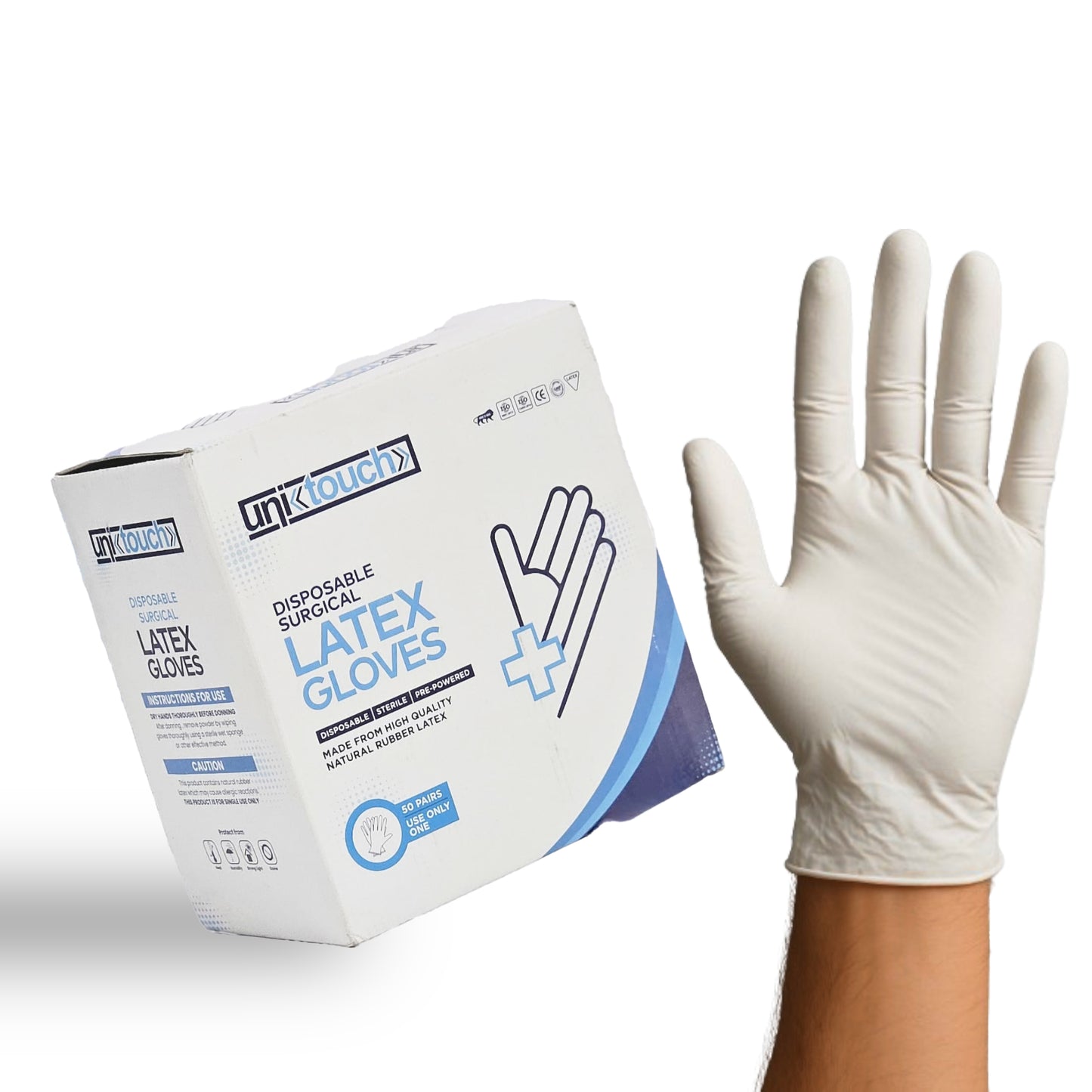 Unitouch Sterile Surgical Latex Gloves – Pre-Powdered, Disposable, Medical-Grade Pack of 50 Pairs